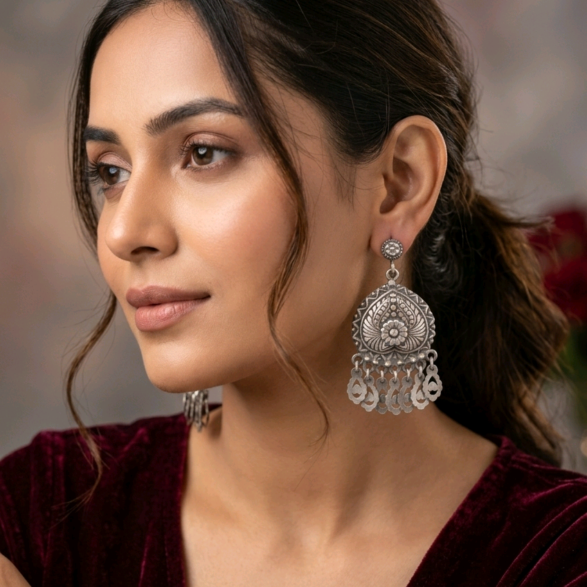 Ethnic Silver Drop Earrings 
